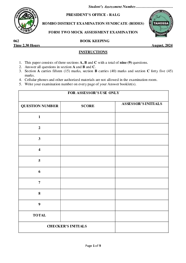 BOOK KEEPING F2 QUESTION PAPER MOCK - 2024.pdf