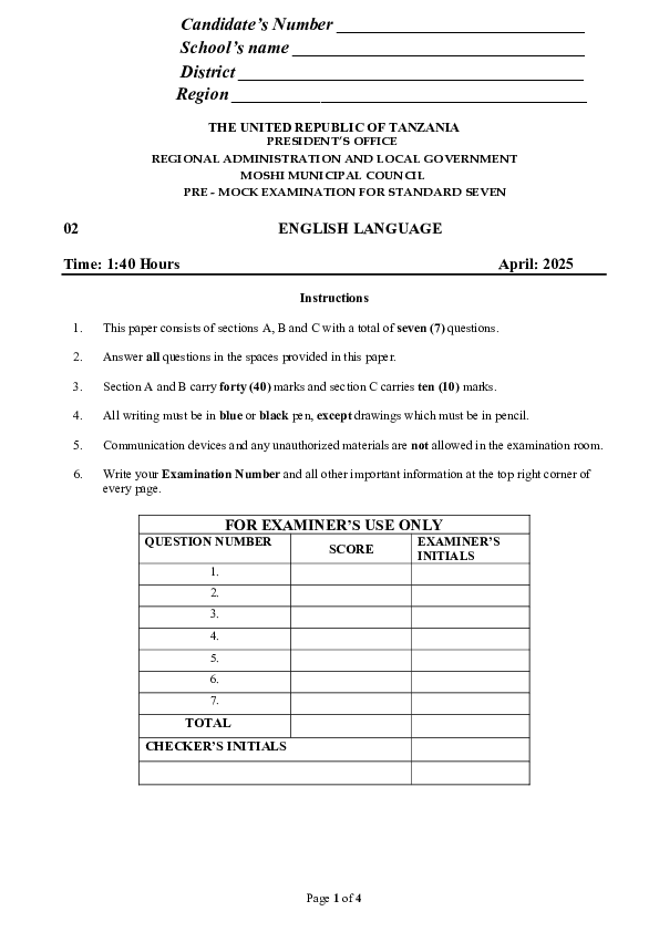 ENGLISH  VII PRE - MOCK  APRIL 2025 .pdf