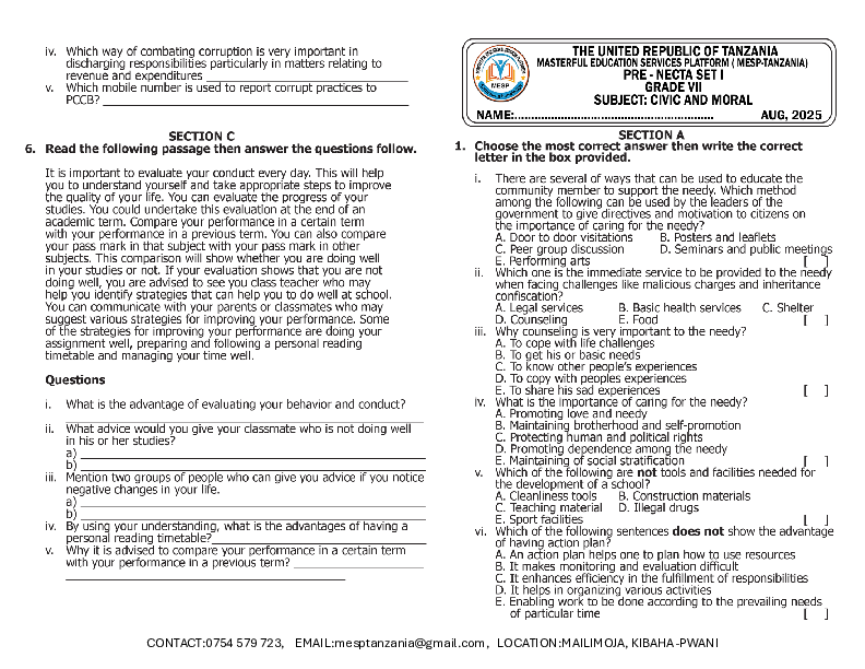 MESP-TANZANIA GRADE VII, PRE NECTA SET I.pdf