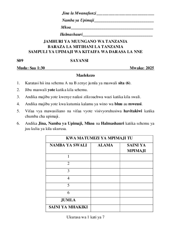 SAMPULI YA UPIMAJI WA KITAIFA WA DARASA LA NNE SOMO LA SAYANSI.pdf