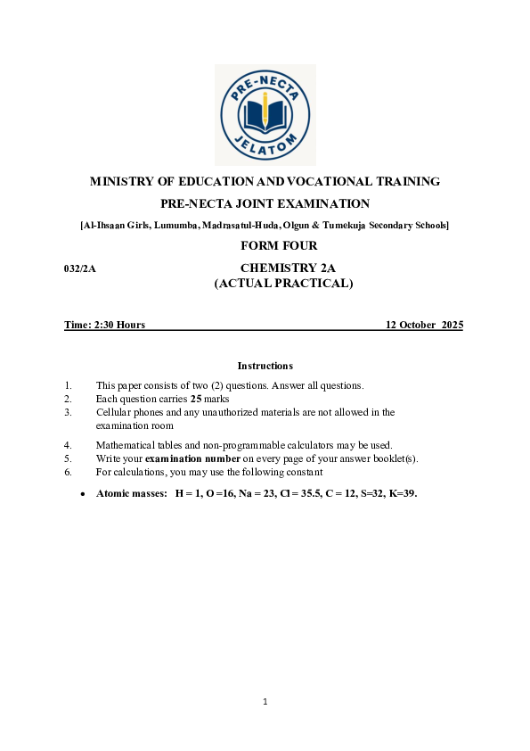 CHEMI 2A PRE NECTA 2025.pdf