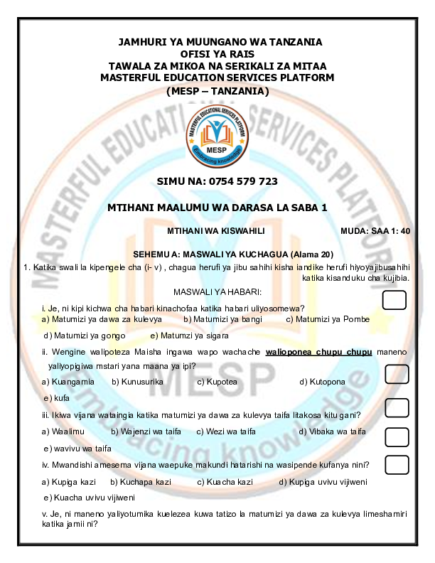 GRADE 7 SPECIAL SET 1, MESP TANZANIA