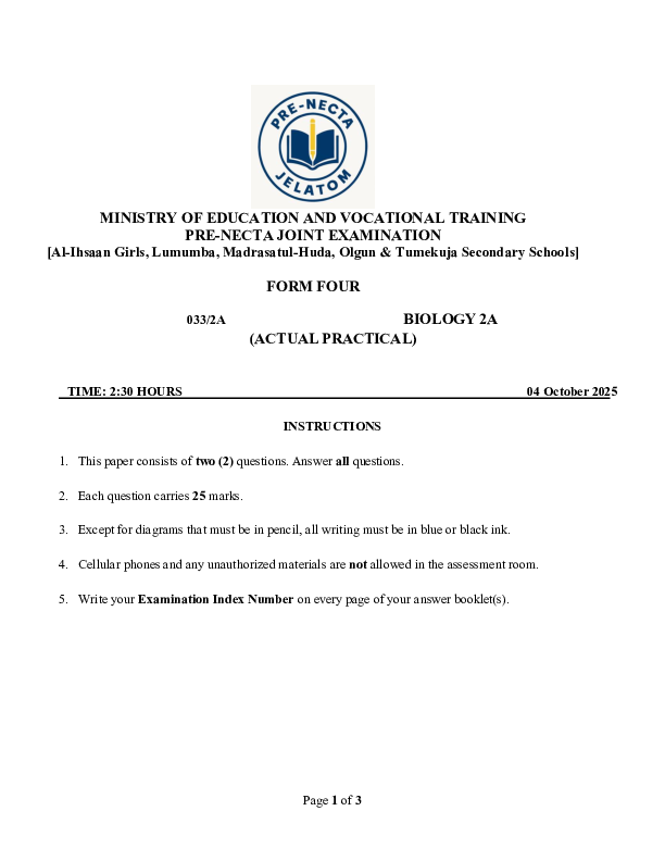 BIOLOGY 2A PRE- NECTA 2025.pdf