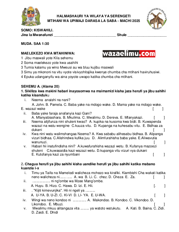 KISWAHILI VII SERENGETI MACH 2025 - WazaElimu.com.pdf
