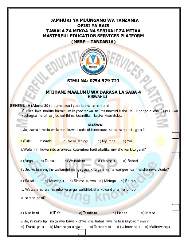 GRADE SEVEN SPECIAL SET 4 MONTLY TEST ,MESP TANZANIA