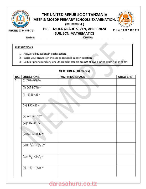 MATHEMATICS  PRE MOCK EXAM`S, MEMOPSE darasahuru.co.tz.pdf