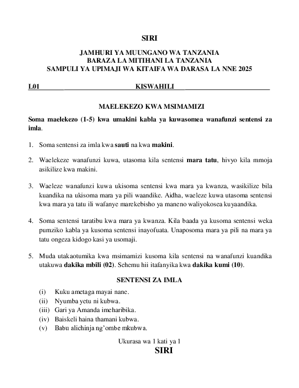 SAMPULI YA UPIMAJI WA KITAIFA WA DARASA LA NNE SOMO LA KISWAHILI MAELEKEZO KWA MSIMAMIZI.pdf