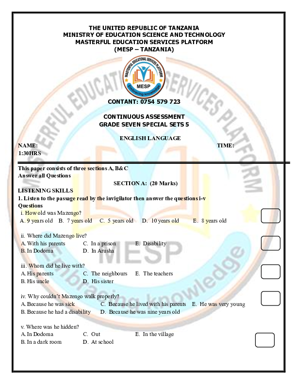 GRADE SEVEN SPECIAL SET 5 MONTLY TEST ,MESP TANZANIA.pdf