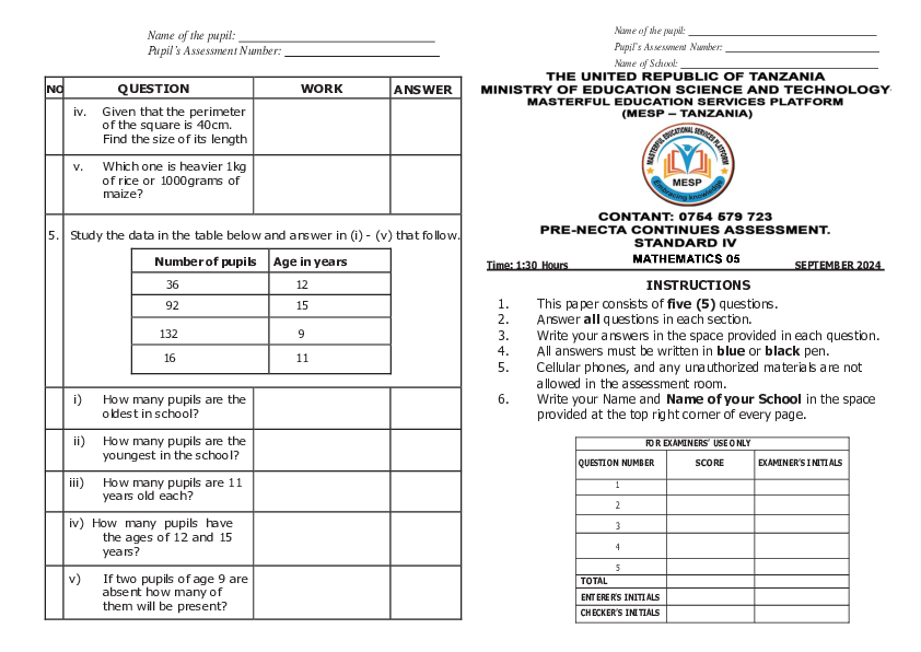 Grade 4 Pre necta examination set 5